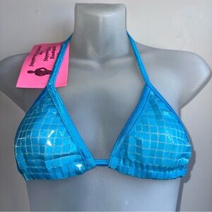 Women’s 90S Y2K Dead Stock Blue Sequin Grid String Bikini Halter Top Sz M NWT